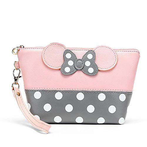 Beito 1PC Cuero Dibujos Animados Orejas de Maquillaje Bolso de Lunares Lindo Bolso cosmético Portable Make up Organizador Viaje Maquillaje Bolso de tocador para Mujeres niñas niños (Rosa)