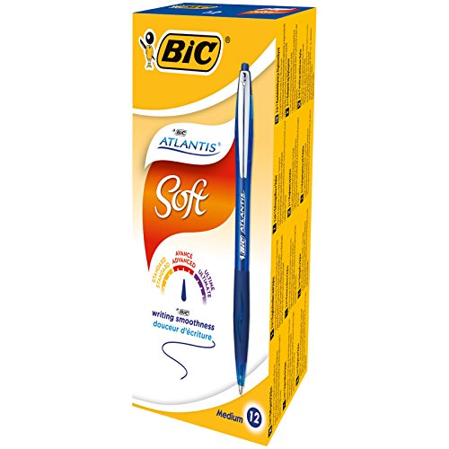 BIC Atlantis Soft - Caja de 12 unidades, bolígrafo retráctil punta media (1,0 mm), color azul