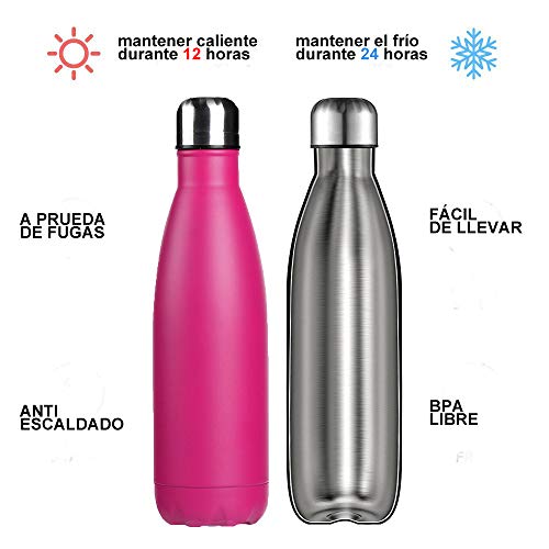 BICASLOVE Botella de Agua de Acero Inoxidable,Diseño de Pared Doble,Boca EstáNdar,para Correr,Gimnasio,Yoga,Ciclismo,500ML,Rosado