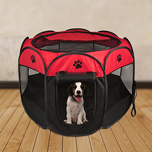 BIGWING Style Parque Mascota de Juego Entrenamiento Dormitorio Perro Gato Conejo Octágono Plegable Lavable Durable 91x 91x 58 CM, Negro y Rojo