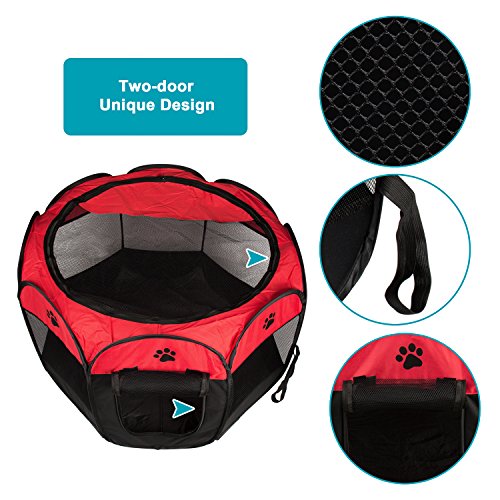 BIGWING Style Parque Mascota de Juego Entrenamiento Dormitorio Perro Gato Conejo Octágono Plegable Lavable Durable 91x 91x 58 CM, Negro y Rojo