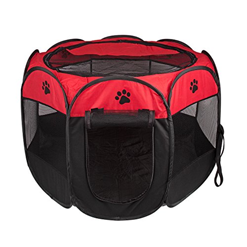 BIGWING Style Parque Mascota de Juego Entrenamiento Dormitorio Perro Gato Conejo Octágono Plegable Lavable Durable 91x 91x 58 CM, Negro y Rojo