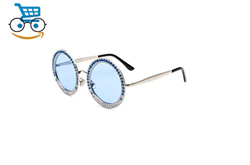 Black Sales Friday Cyber Sales Monday Sales & Deals Week 2018 - Gafas de Sol Redondas para Mujer, Marco de Metal, Cristales y Diamantes, Silver/Blue Lens with Blue Diamond