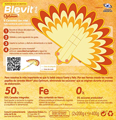 Blevit plus Optimum 8 Cereales con miel, elaborada con trigo integral, avena, triticale, arroz, espelta integral, maíz, centeno y cebada y un 5% de miel. 1 unidad 400grs. A partir de los 6 meses