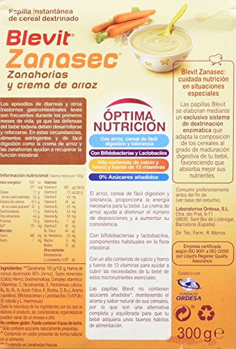 Blevit Zanasec, 1 unidad 300 gr, dieta astringente. Papilla para bebés elaborada a partir de crema de arroz, zanahorias y bifidobacterias y lactobacilos.