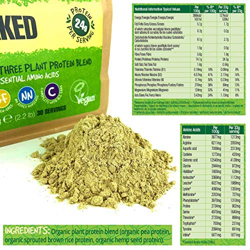 BodyMe Mezcla de Proteina Vegana Organica en Polvo | Naked Natural | 1kg | Sin Edulcorante | Baja Carb | Sin Gluten | 3 Proteinas Veganas | 24g Proteina Vegetal Completa | Todos Aminoacidos Esenciales