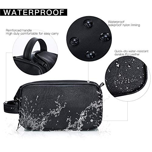 Bolsas de Aseo de Cuero para Hombres Impermeable Neceser de Viaje de Lavado Kit de Afeitado Dopp Grande Organizador de Maquillaje Baño Gimnasio con Bolsa de Almacenamiento Gratis (Negro)