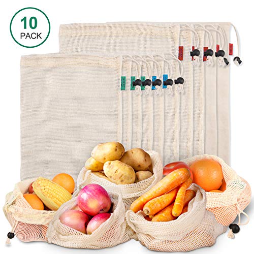 Bolsas Reutilizables Hechas con Malla de Algodón Orgánico Natural, Bolsa de Compras Lavable son Producto Seguro y Ecológico para Guardar Frutas, Verduras y Hasta Juguetes, 10 Unidades