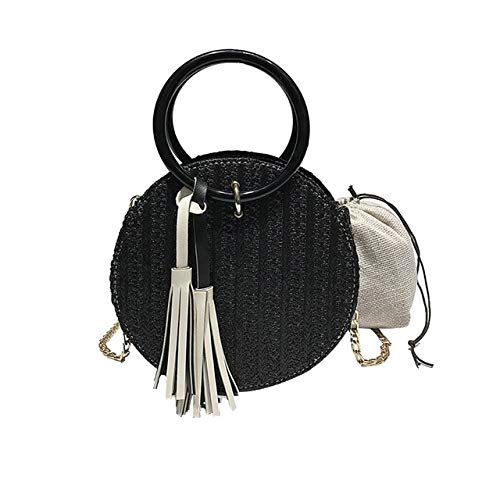 Bolsos de playa para mujer de verano, grandes bolsos con cremallera, círculo de paja, bandolera, bolso cruzado redondo tejido a mano, de ratán, color negro