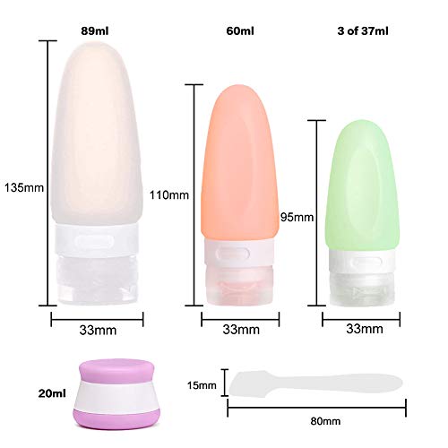 Bote Silicona 89ml / 60ml / 37ml 5Pcs, Contenedores de Líquidos de Viaje Vacíos Aprobado de Grado Alimenticio Botellas de Viaje de Silicona Portátiles a Prueba de Fugas, con 2Pcs 20ml Botella de Crema