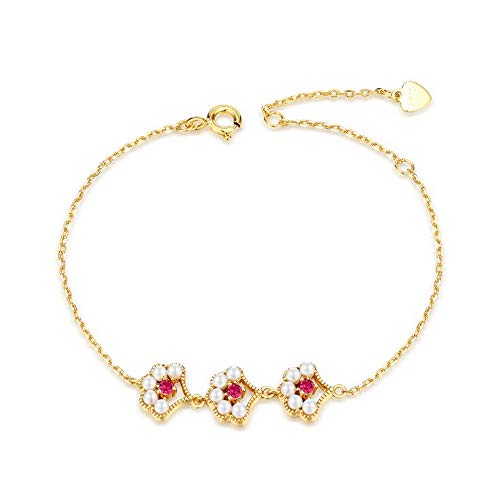 Brillando Chapado en Plata 14 k Pulsera de Oro Mujer Palacio Retro Viento corindón Rojo de Agua Dulce joyería de Perlas joyería pequeña Flor (Flor de Perla)