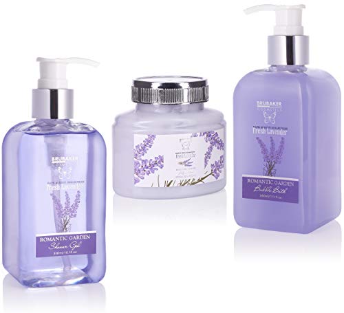 BRUBAKER Cosmetics Set de Baño y Ducha"Fresh Lavender" - Fragancia de Lavanda - 9 piezas set de regalo en una jardinera vintage