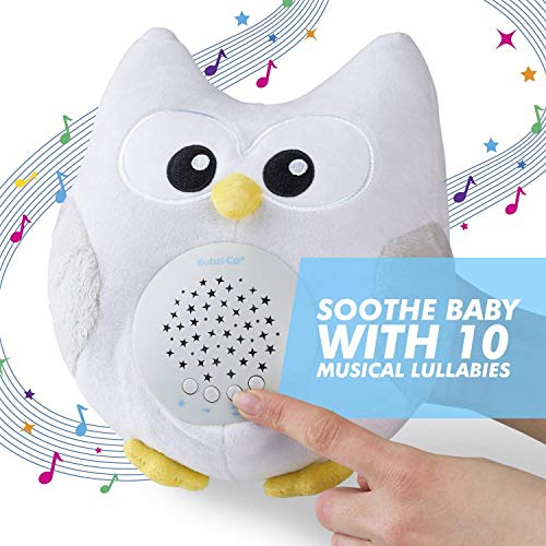 Bubzi Co Búho quitamiedos relajante y Luz de noche y Emisor de sonido relajante – Peluche bebé con ruido blanco y Proyector de estrellas LED y 10 Canciones de Cuna – Ideal regalo para bebé