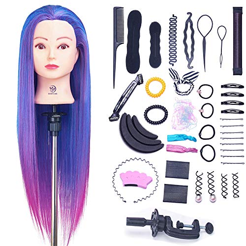 Cabeza de Maniquí, SIGHTLING 66cm/26" 100% Cabello Sintético Practicas Formación Muñeca de la Cosmetología práctica maniquí muñeca para Peluquería con Soporte + Accesorios de Peinado DIY