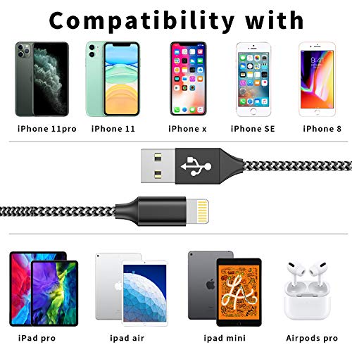 Cable Cargador iPhone, [5Pack 0.25M 0.5M 1M 2M 3M] MFI Cable Lightning Carga Rápida Trenzado de Nylon Cargador iPhone Compatible con Apple iPhone 11 XS MAX XR X 8 Plus 7 Plus 6S 6 Plus iPad iPod