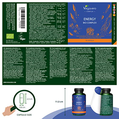 Cafeína Complex BIO Vegavero® | 100% Pura | Extractos de Guaraná + Ginseng Rojo Coreano + Té Verde + Mate & Vitamina B12 Natural | Sin Aditivos | 90 Cápsulas | Cansancio & Fatiga | Energía