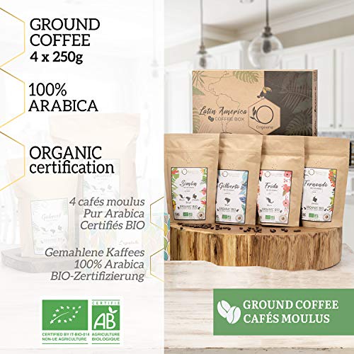 ☘️ CAJITA CAFÉ MOLIDO ECOLOGICO | Caja café degustación, 4x250g, Torrefactado Artesanal | Café ecológico molido Arábica | Idea para Regalar