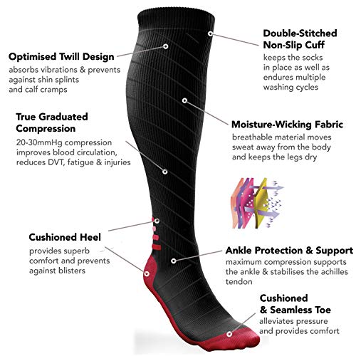 Calcetines de Compresión para Hombres y Mujeres - Medias de Compresion para Deporte - Maratones - Enfermeras - Estrés tibial Interior - Durante Embarazo (L/XL (42-47), Negro/Rojo)