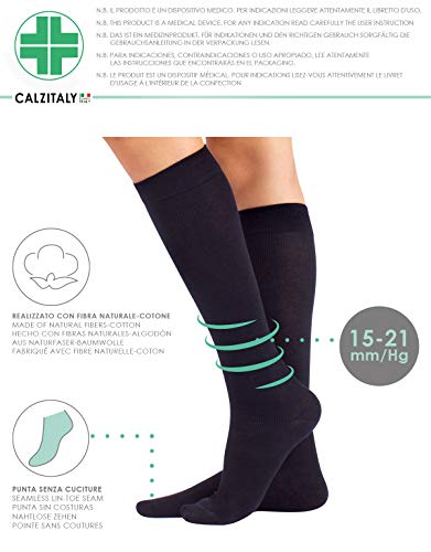 CALCETINES MEDICOS DE ALGODÓN | MEDIAS HASTA LA RODILLA A COMPRESIÓN GRADUADA FUERTE | 15-21mm/Hg | CALCETERÍA ITALIANA | (S, AZUL)