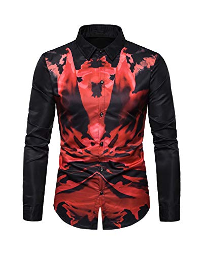 Camisa Hombre Slim Fit Manga Larga Impresión Digital de Tinta Fantasía Tops Camisa Casual Negro L