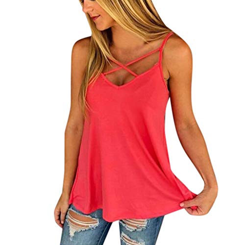 Camiseta Sin Mangas Mujer SHOBDW 2019 Nuevo Sexy Cuello Halter Cruzar Color Sólido Tops Blusa Playa de Verano Suelto Camiseta Mujer Tallas Grandes(Rojo 2,XL)