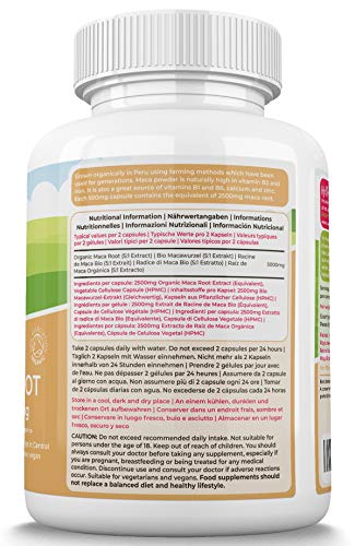 Cápsulas de Maca Orgánica de TheHealthyTree Company - Extracto de Alta Resistencia 2500 mg por Cápsula Para Hombres y Mujeres - 120 Comprimidos de Polvo de Raíz de Maca Vegana