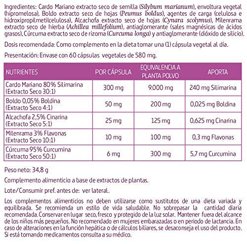 Cardo mariano complex 9.725 mg 60 cápsulas con boldo, milenrama, alcachofa y cúrcuma. (Pack 3 unid.)