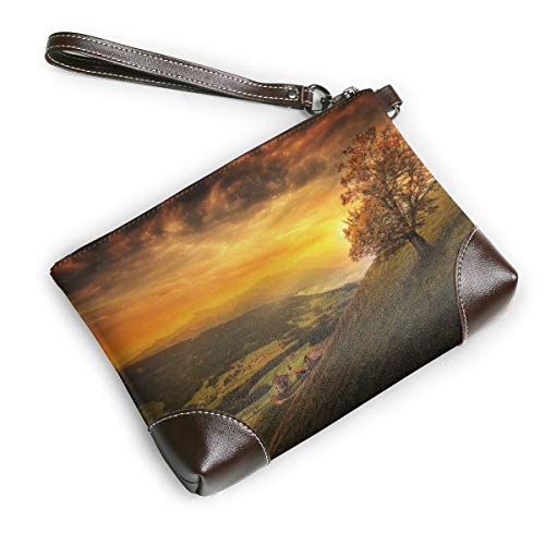 Cartera de piel auténtica para mujer con cremallera alrededor de la muñeca, bolso largo vintage grabado en relieve de piel de vaca hecha a mano, diseño de árbol, paisaje natural, Suiza, otoño