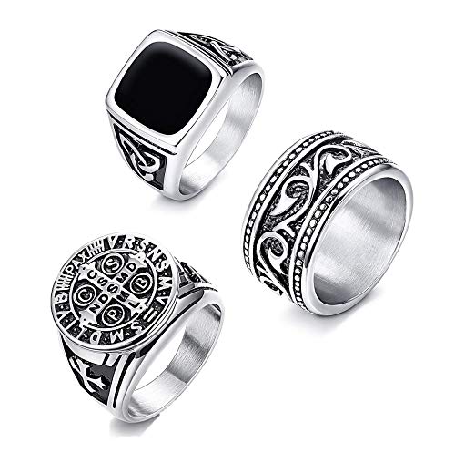 CASSIECA 3PCS Anillo de Acero Inoxidable para Hombres Mujeres Grandes Anchos Cuadrado Grabado Anillo Vintage Rock Gotico Anillos Joyeria