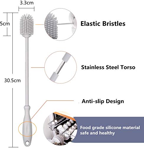 Cepillo de silicona para botella, Cepillo de botella, Utilizado para el Lavado de botellas deportivas, Biberón, Tazas de café, Botellas de viaje, Cepillo de Limpiador de Cocina Mango Largo, Blanco