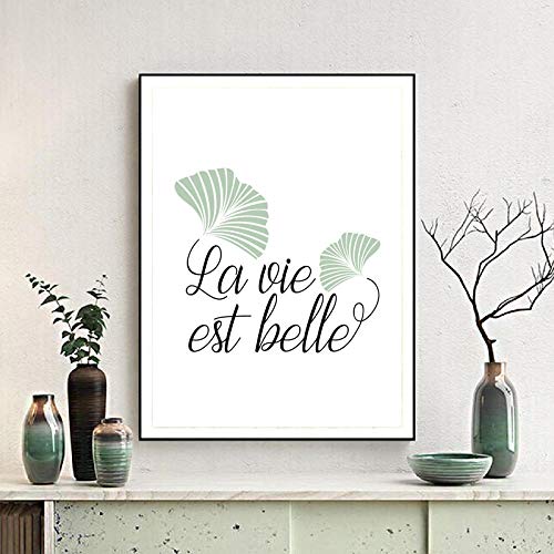 cgsmvp Francés La Vie EST Belle Citas Impresión en Lienzo Cartel Inspirador Hoja de Ginkgo Planta Pintura Imagen Sala de Estar Decoración de Arte de Pared / 40x50cm-Sin Marco