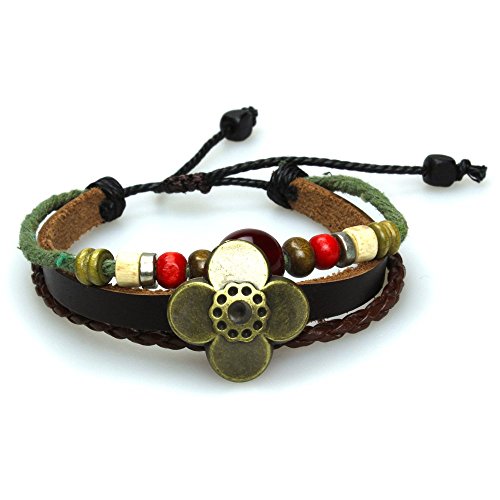 Chic-net Surfer pulsera de piel flor ojo de gato rojo cinta trenzada ajustable de madera de cuero perlas Brass