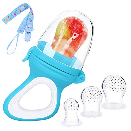 Chupete Fruta Bebe,DIAOCARE Alimentador Antiahogo de Fruta Para Bebés y Niños Pequeños,Sin BPA,Incluye 3 piezas de Todos los Tamaños Sacos de Silicona y Correa para Chupete (Azul)