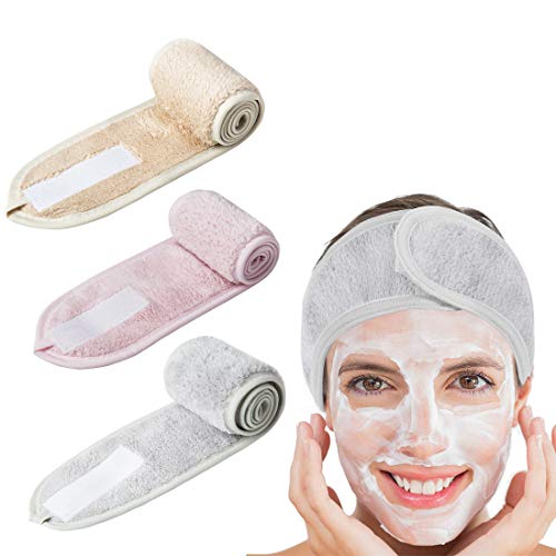 Cinta Pelo Maquillaje, 3 Piezas Diadema Toalla, Ajustable Diadema Para Maquillaje con Cinta Mágica, Diadema de Maquillaje Para Maquillaje,Bañarse,Yoga Deportes (gris,Rosado,Caqui)