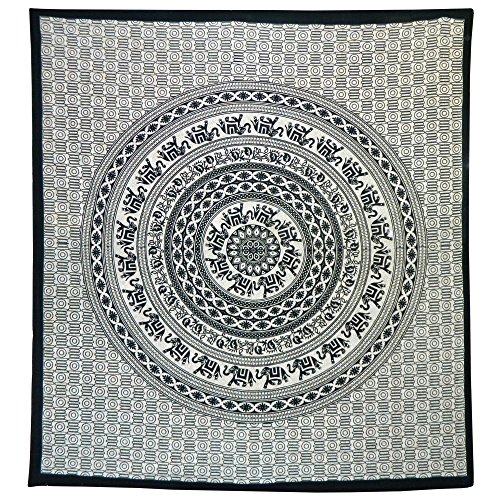 Colcha Elefantes Mandala Blanco Negro 230x200cm India algodón Cortina decoración de Pared