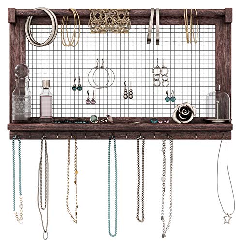 Comfify Organizador de Joyas rústicas - Montado en Pared Organizador de Joyas con extraíble Pulsera Rod y 16 Ganchos Pendientes, Collar y Porta Pulseras - marrón Quemado