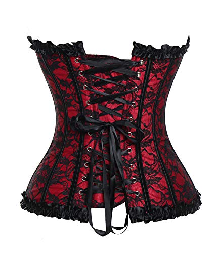 COMFREE Mujer Corsé Clásico Huesos de Plástico Lace Satén Elegante Corset Top para Fiesta Rojo L