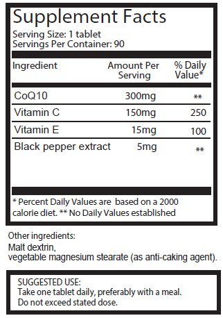 CoQ10 300mg x 180 comprimidos (2 frascos con 90 comprimidos cada uno – Suministro de 6 Meses) con Vitamina C y extracto de pimienta negra. SKU: CQ3x2