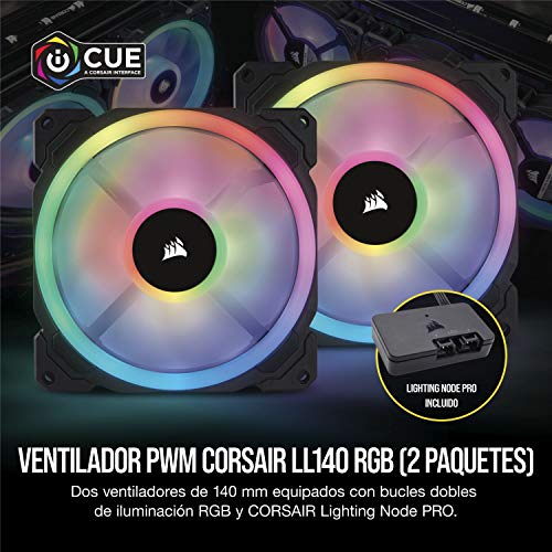 Corsair LL140 RGB Ventilador de PC (140 mm, Doble Halo RGB LED PWM) Paquete Doble con Lighting Node Pro