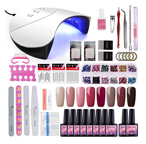 Coscelia 8pcs Kit Uñas de Gel Esmalte Semipermanente Soak off 8ml Nail Dryer Secador de Uñas 36W LED/UV Gel Esmalte de Uñas Curado Luz Máquina Capa Base Capa Superior de Manicura Kit