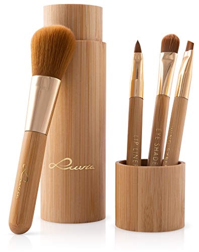 Cosmetics Juego de pinceles de maquillaje de tubo de bambú con estuche 4 pinceles de maquillaje de bambú real que incluyen almacenamiento y forzado de cepillos,vegano y libre de pruebas con animales