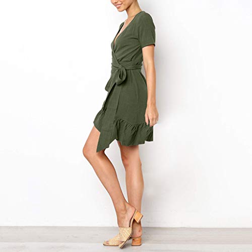 COZOCO Mini Vestido de Las Mujeres Ruffle Sexy Vestido de Noche Casual Color Sólido Verano con Cuello en V Sexy Mini Corbata con Volantes Corta（Ejercito Verde，S）