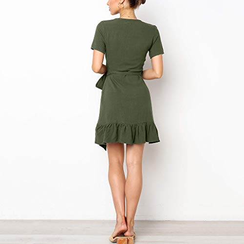 COZOCO Mini Vestido de Las Mujeres Ruffle Sexy Vestido de Noche Casual Color Sólido Verano con Cuello en V Sexy Mini Corbata con Volantes Corta（Ejercito Verde，S）