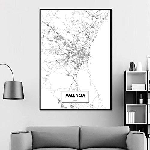 Cuadro En Lienzo,Valencia Negro Blanco Mundo Custom Mapa Póster Imágenes Impresión Sobre Lienzo Estilo Nórdico De Arte De Pared De Lienzos Para La Decoración Del Hogar Sin Marco,12X16 Pulgadas (3