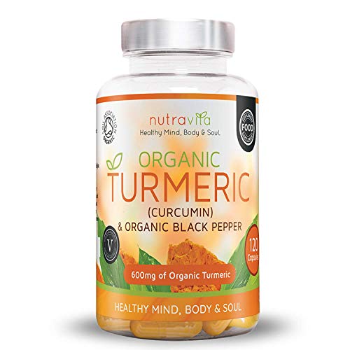 Cúrcuma Turmeric Orgánica Y Pimienta Negra (Piperina) 600mg – 120 Cápsulas Vegana Orgánicas - Puro y Potente Curcuma en capsulas con Curcumina - Hecho en el Reino Unido por Nutravita