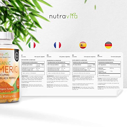 Cúrcuma Turmeric Orgánica Y Pimienta Negra (Piperina) 600mg – 120 Cápsulas Vegana Orgánicas - Puro y Potente Curcuma en capsulas con Curcumina - Hecho en el Reino Unido por Nutravita