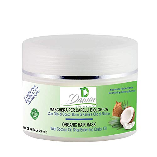 Damin Bio Nature - Mascarilla Pelo Natural Sin Sulfatos con Aceite de Coco y Manteca de Karité reparadora Cabello Dañado Tratado y Rizos- acción Nutritiva Hidratante 250ml