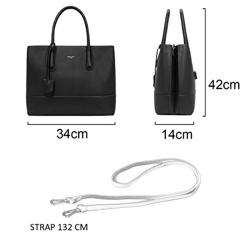 David Jones - Bolso de Mano Grande Mujer - Shopper Tote Bag Señora Trabajo Negocios Cuero Genuino PU - Bolsos Hombro Bandolera Piel Múltiples Bolsillos - Maletín Satchel Oficina Elegante - Negro