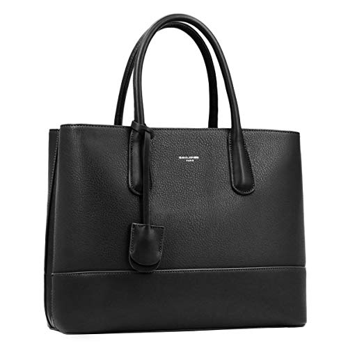 David Jones - Bolso de Mano Grande Mujer - Shopper Tote Bag Señora Trabajo Negocios Cuero Genuino PU - Bolsos Hombro Bandolera Piel Múltiples Bolsillos - Maletín Satchel Oficina Elegante - Negro