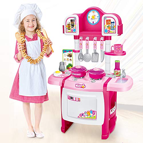 deAO Cocinita Mi Pequeño Chef con Características de Sonidos, Luces y Agua Cocina de Juguete para Principiantes Incluye Accesorios (Rosa)